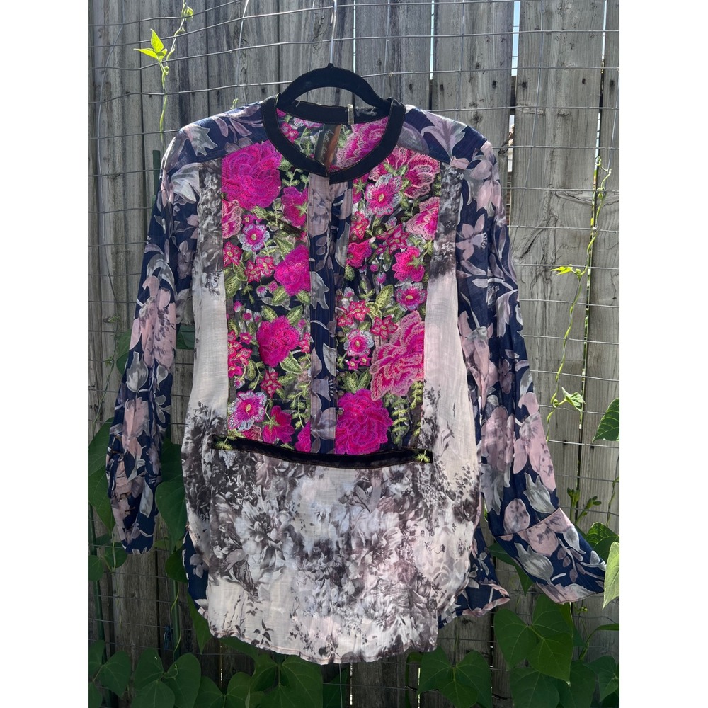 ARATTA Silent Journey Floral Mesh Embroidered Mixed Print Tunic Boho Top Sz S